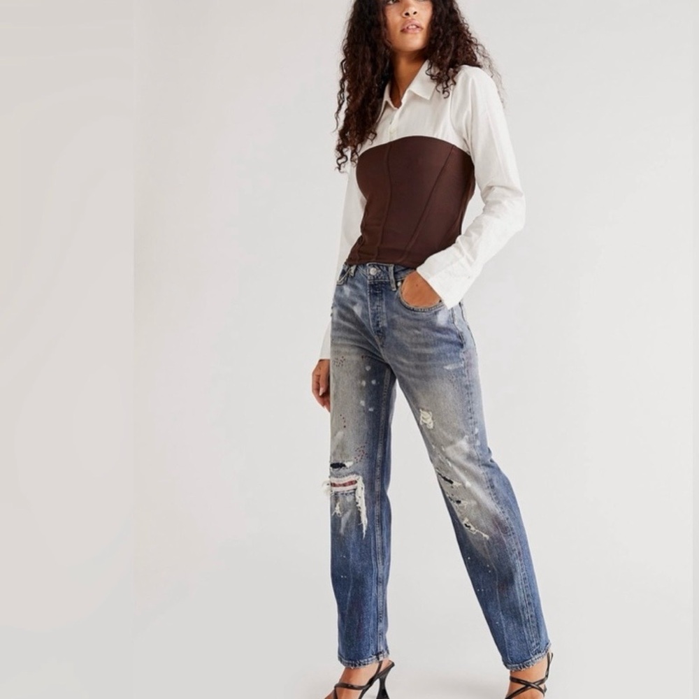 Free People x Scotch & Soda The Sky High-Rise Distressed Straight-Leg Jeans